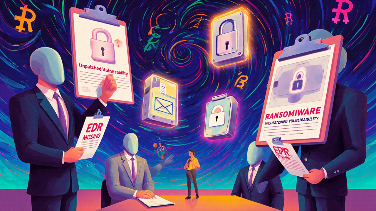 A small business owner facing giant insurers in a surreal courtroom filled with cybersecurity failure icons.