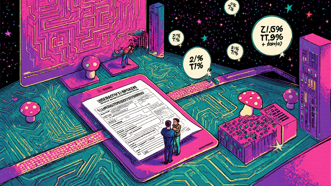 A surreal trading floor with settlement lanes and glowing dividend icons in bold 70s psychedelic colors.
