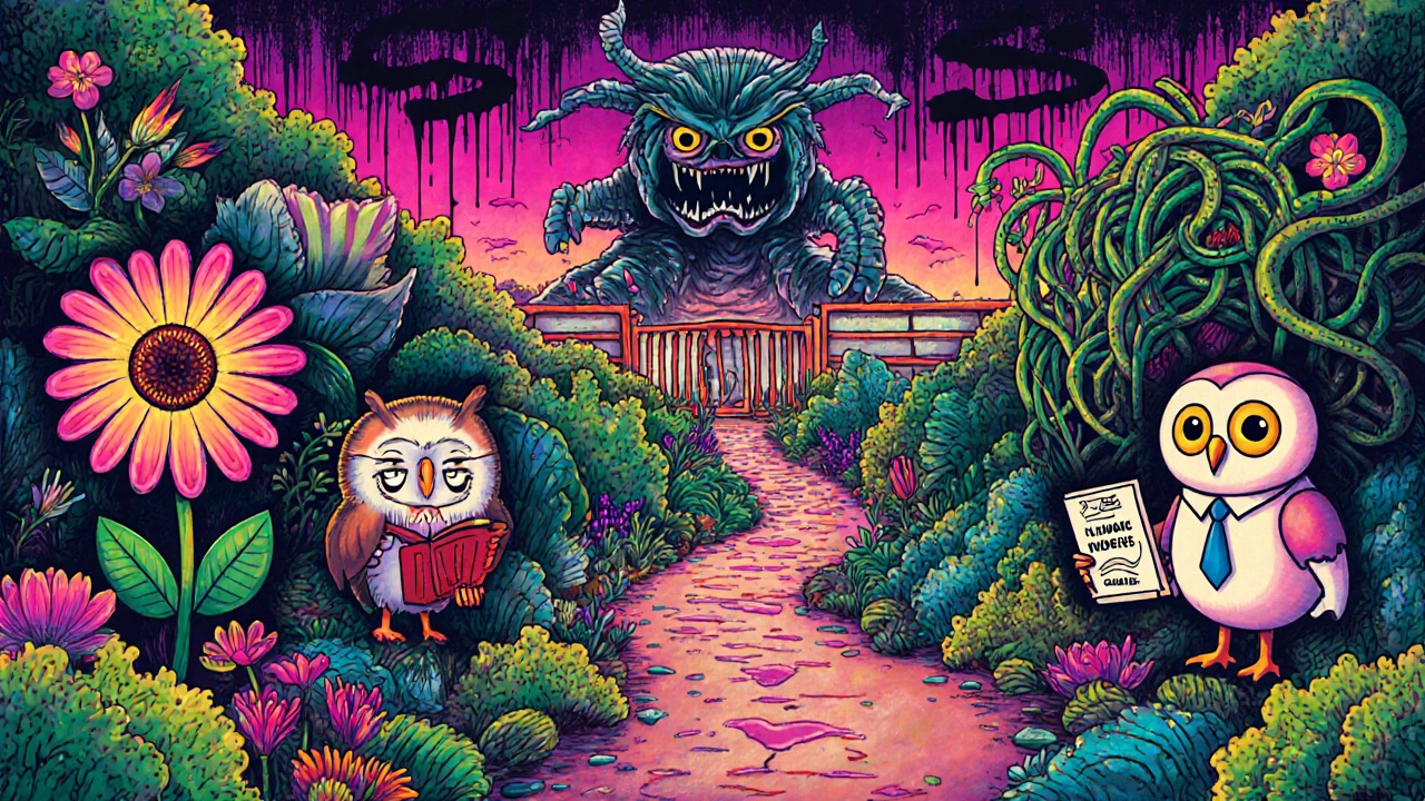 A whimsical garden of global investments with ESG flowers, a helpful owl, and tangled vines blocking emerging markets.