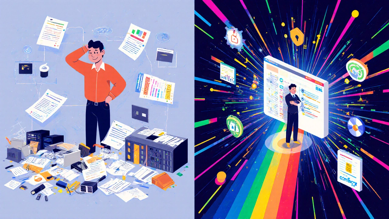 Split scene: chaotic unprepared business vs. organized secure business with cybersecurity tools and glowing risk monitoring.