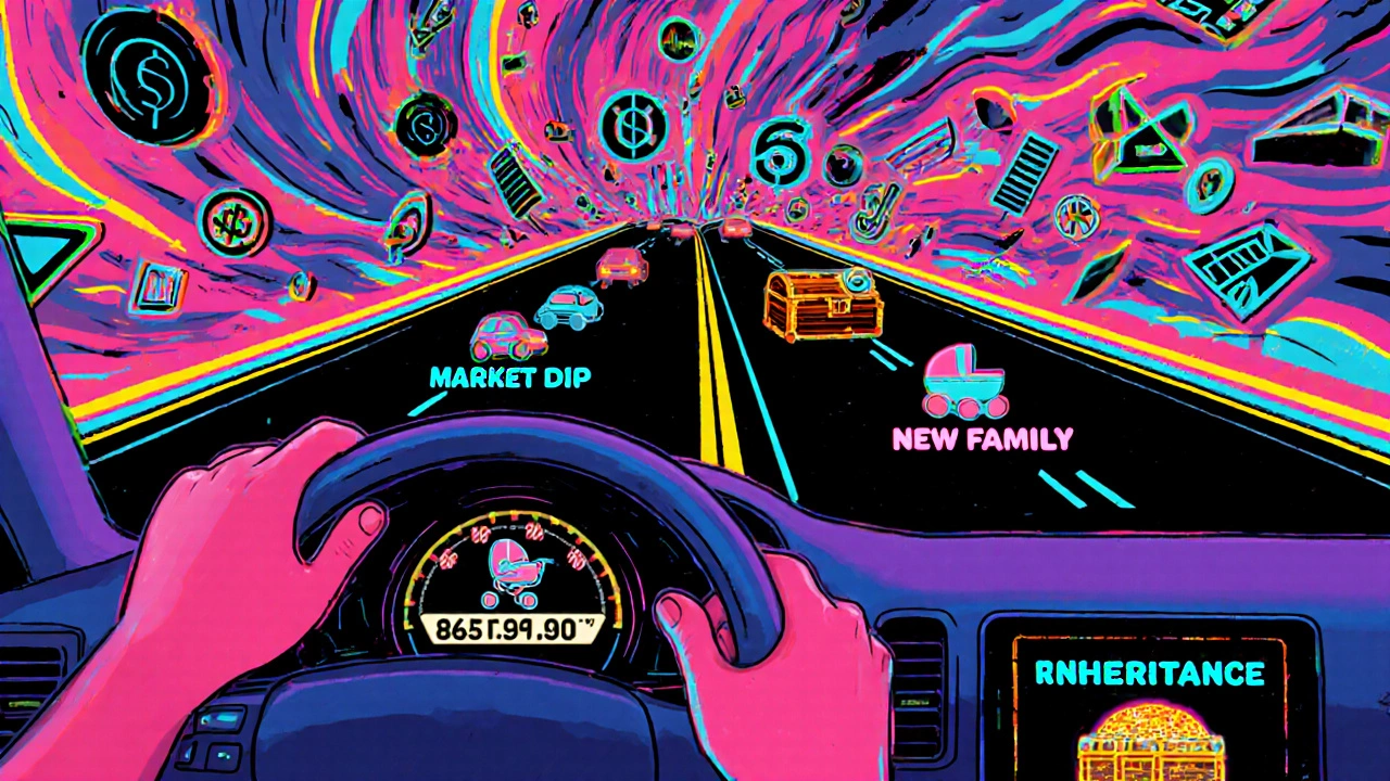 A car dashboard with cruise control and symbolic life events appearing on the road ahead, rendered in psychedelic 1960s style.