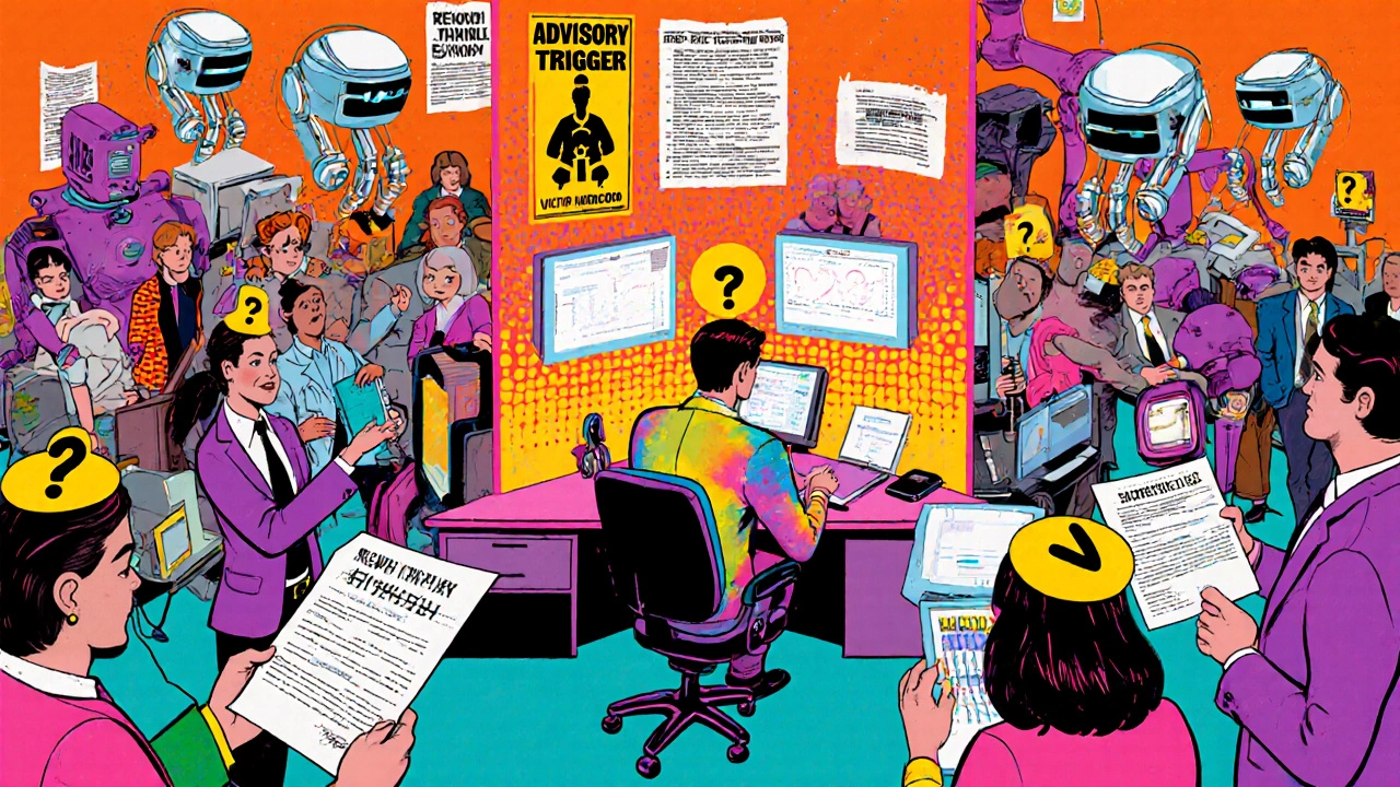 A chaotic call center with AI assistants and one human advisor surrounded by clients facing major life financial decisions.