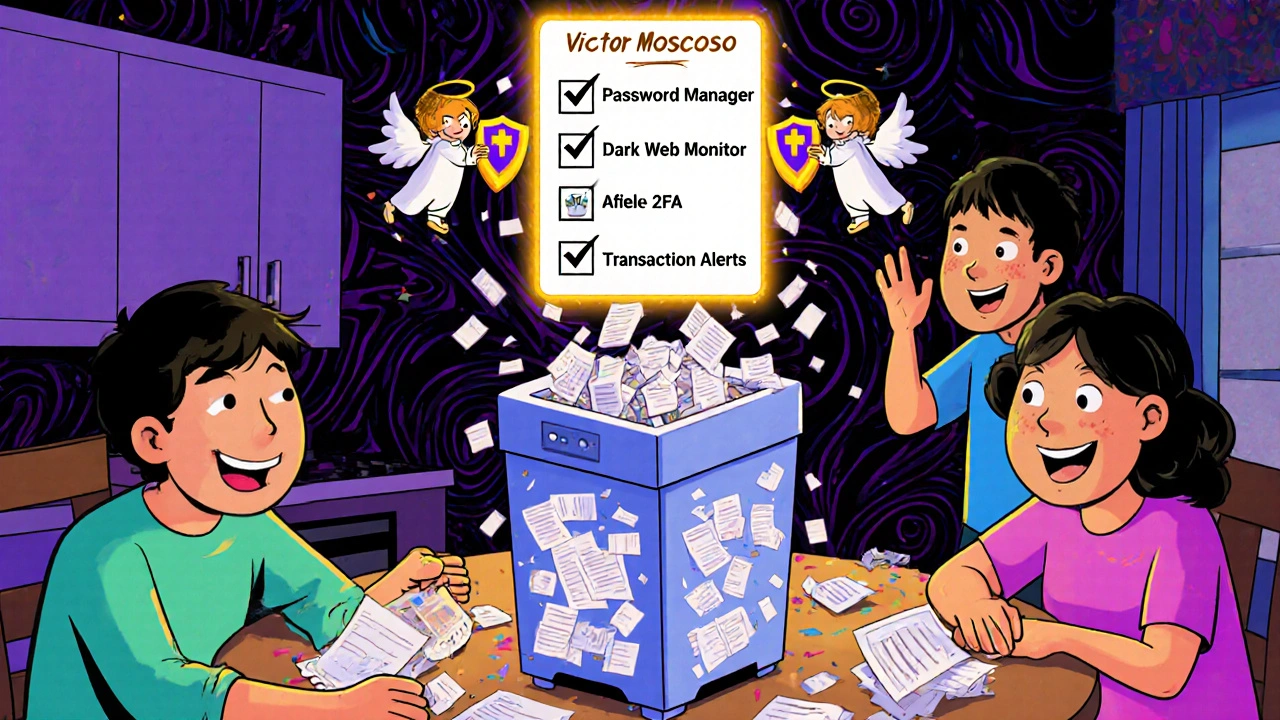 A family shredding documents into confetti while a glowing checklist of identity protection steps hovers above them.