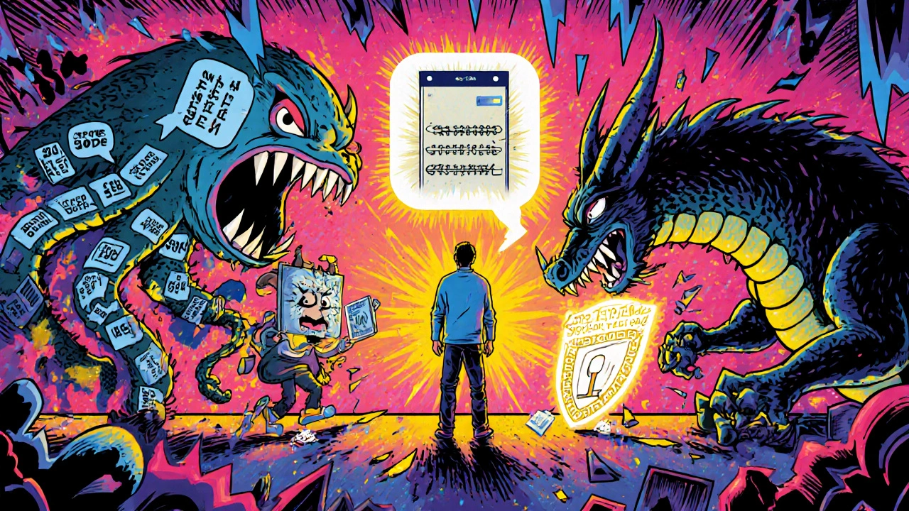 A person defending against digital threats like phishing monsters and deepfake demons, protected by a credit freeze shield and authenticator app.
