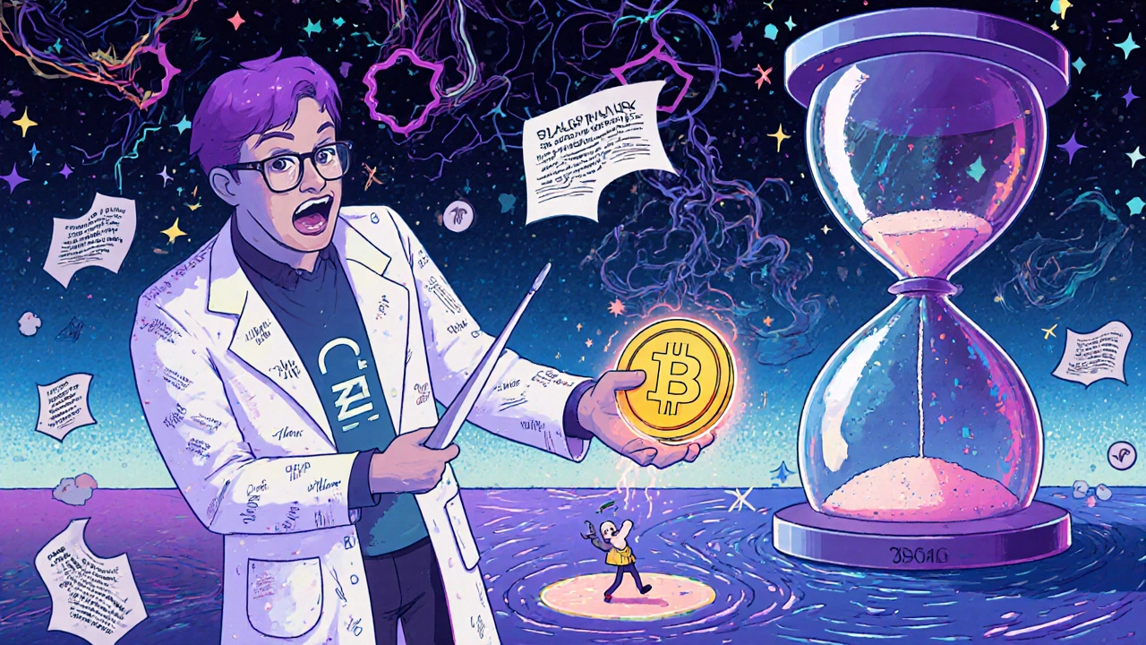 A user delegates voting power to an expert, with a timelock hourglass and floating proposals in a psychedelic style.