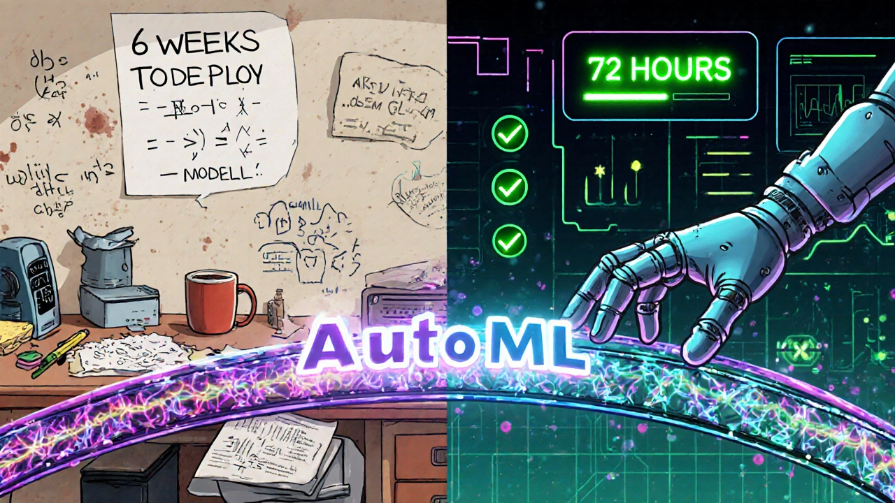 Contrast between chaotic old model development and streamlined AutoML deployment with glowing 72-hour timeline.