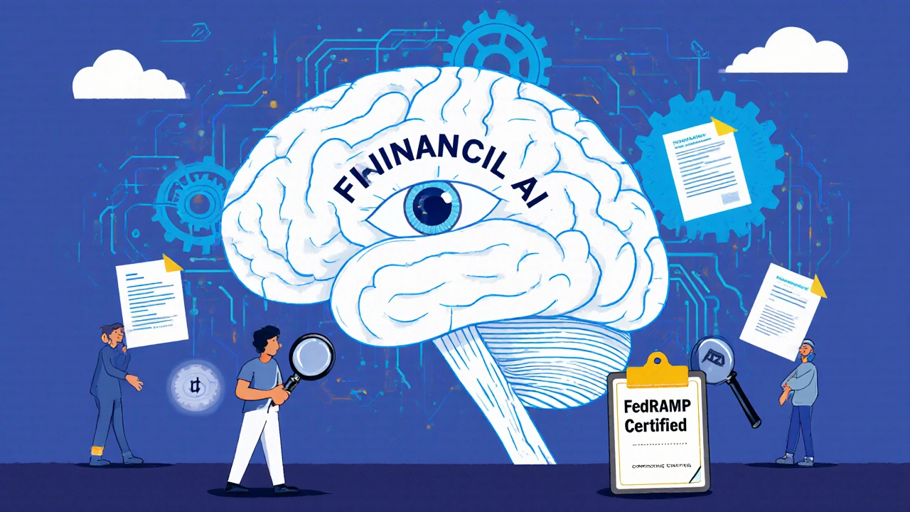 Hybrid AI brain powered by compliance forms and audit trails, with regulators inspecting explainability features.