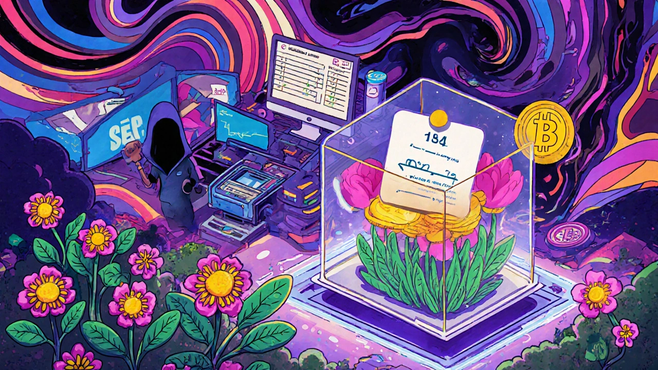 Quadratic voting flowers bloom as reputation grows, while a shadowy SEC figure watches from afar.