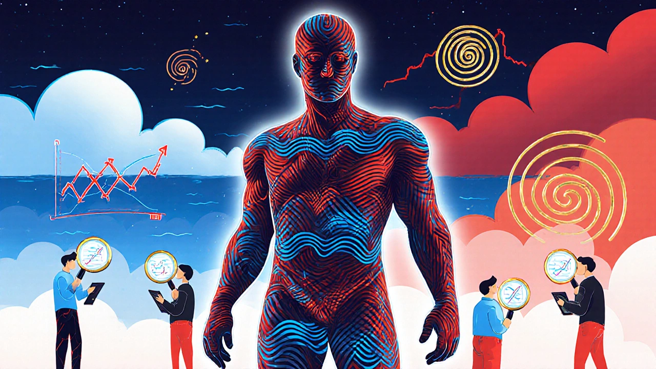 A human figure made of asset lines under a changing sky, with tiny figures checking correlation charts in op-art style.