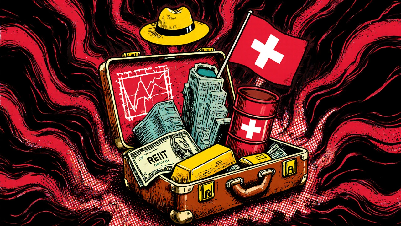 A suitcase bursting with diverse assets like gold, bonds, and oil, amid swirling market chaos under a calm sunhat.