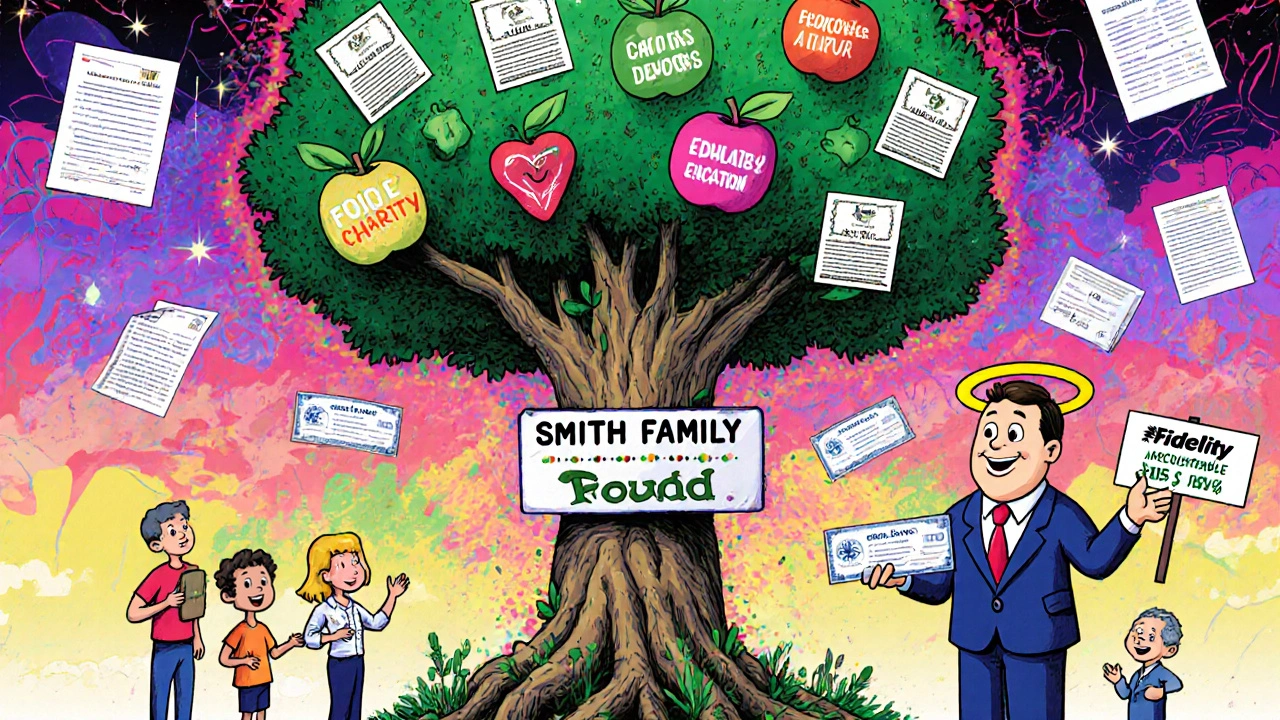 A tree growing from a DAF account, bearing charity fruit, with donors and a mascot handing out grants.