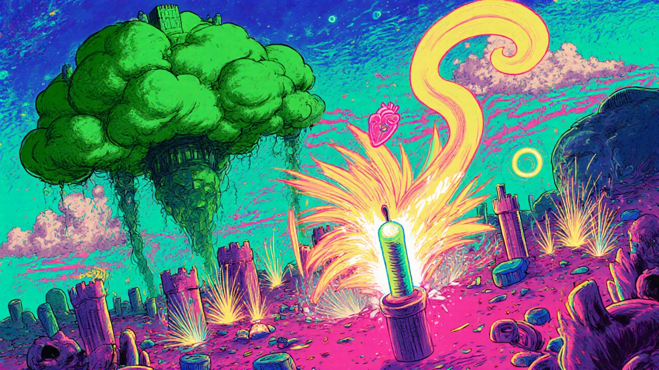 Multi-timeframe trading battle with giant clouds, pulsing lines, and volume fireworks in vibrant Moscoso psychedelic art style.