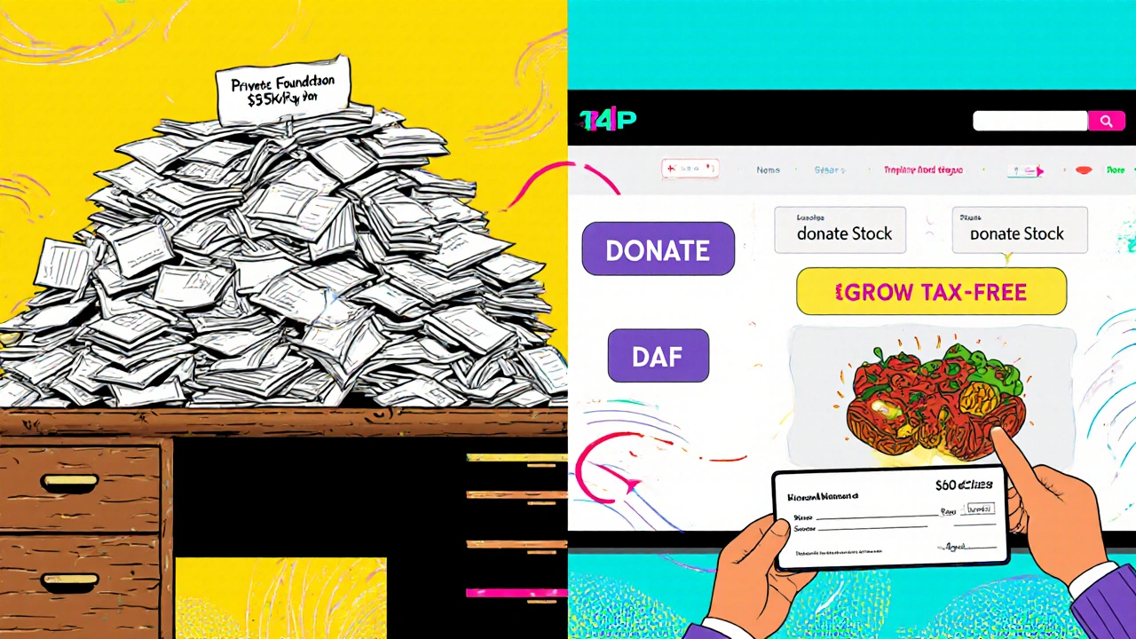 Split scene: messy private foundation paperwork vs. clean DAF dashboard with simple grant buttons.