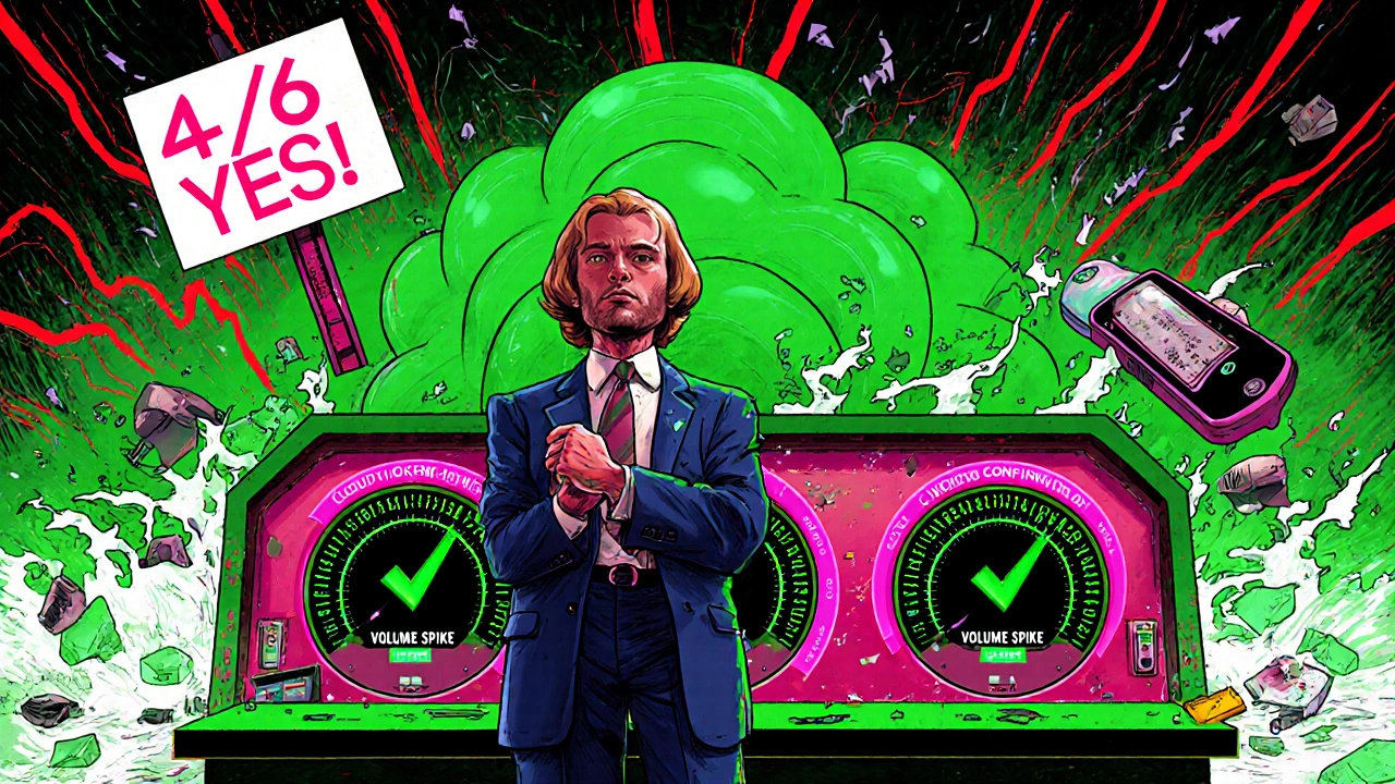 Trader at control panel with glowing dials confirming Ichimoku signals, behind a storm of market lines and a solid green cloud.