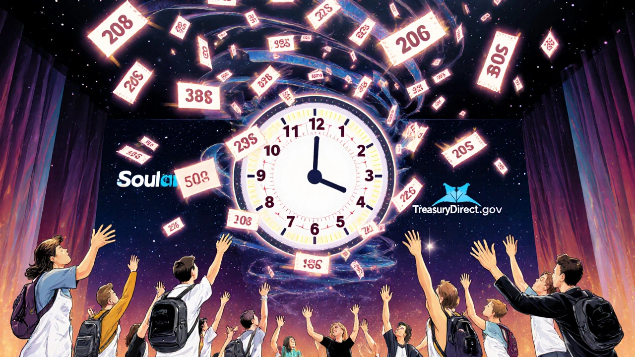 A cosmic Treasury auction with floating securities and everyday people reaching to catch their bids under glowing lights.