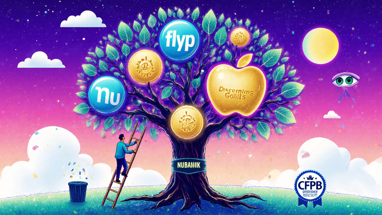 A glowing loyalty points tree with expired points falling, while a user reaches for a Discover cashback apple.