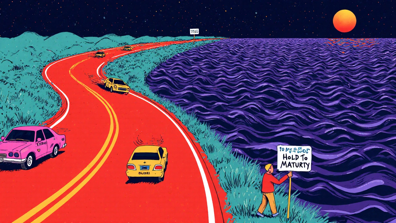 A glowing psychedelic yield curve highway from short-term T-bills to long-term T-bonds, with economic forces on the road.