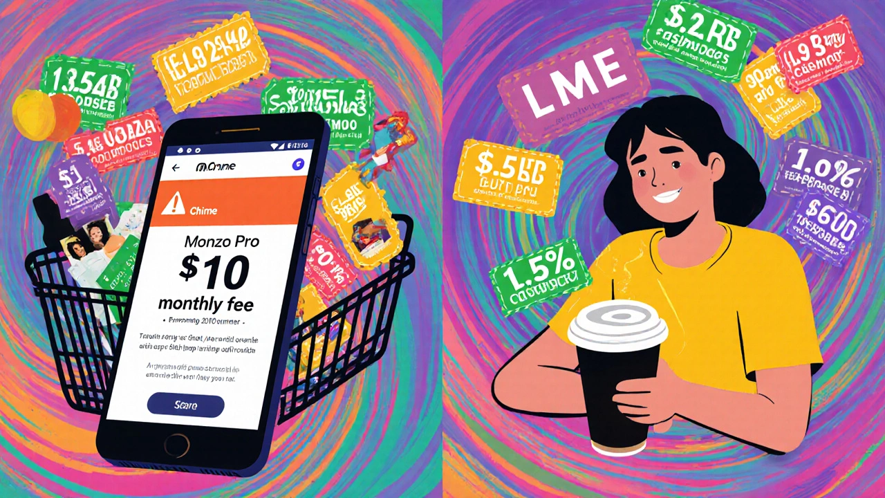 A split scene comparing Monzo Pro fees with Chime’s easy in-app deals, rendered in psychedelic illustration style.