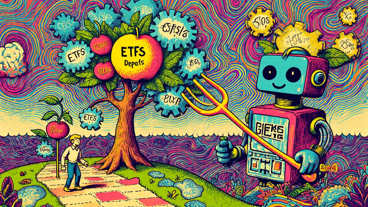 A tiny investor walks a path of  deposits, growing a compound interest tree under a friendly robot advisor.