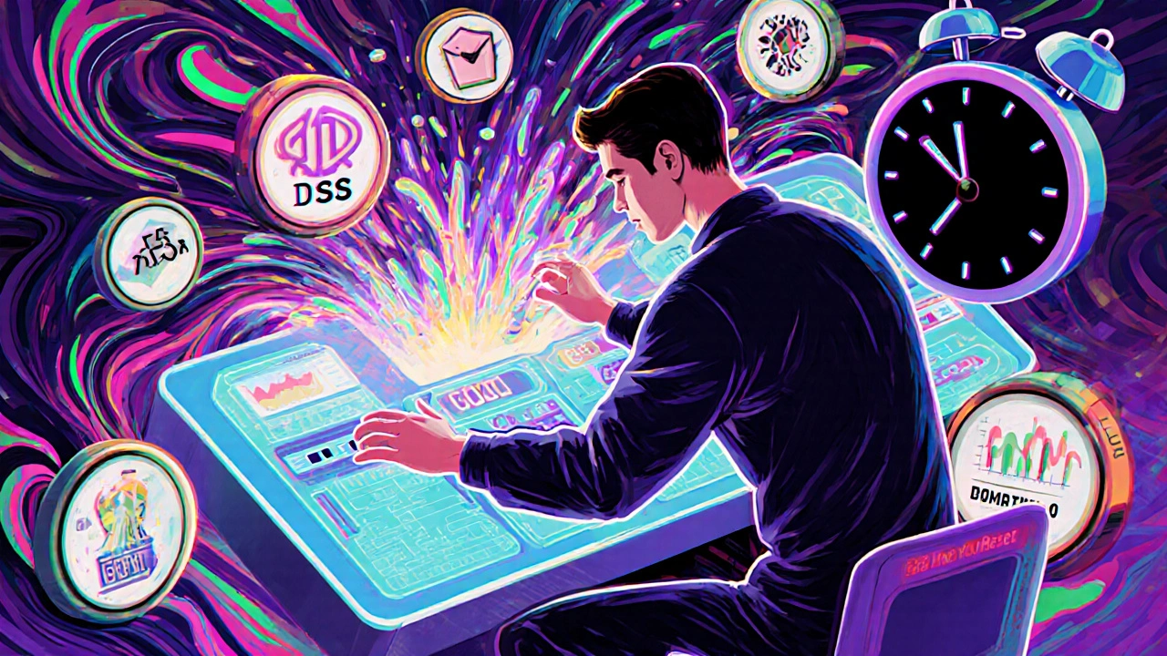 An engineer adjusts AI defenses as compliance icons float nearby amid exploding transaction waves.