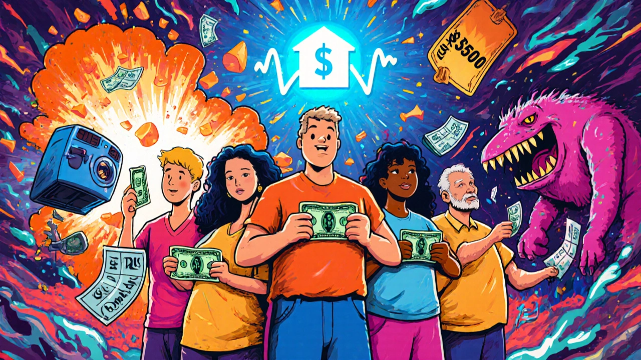 Diverse people holding 0 bills as shields against financial chaos, with a glowing savings icon above.