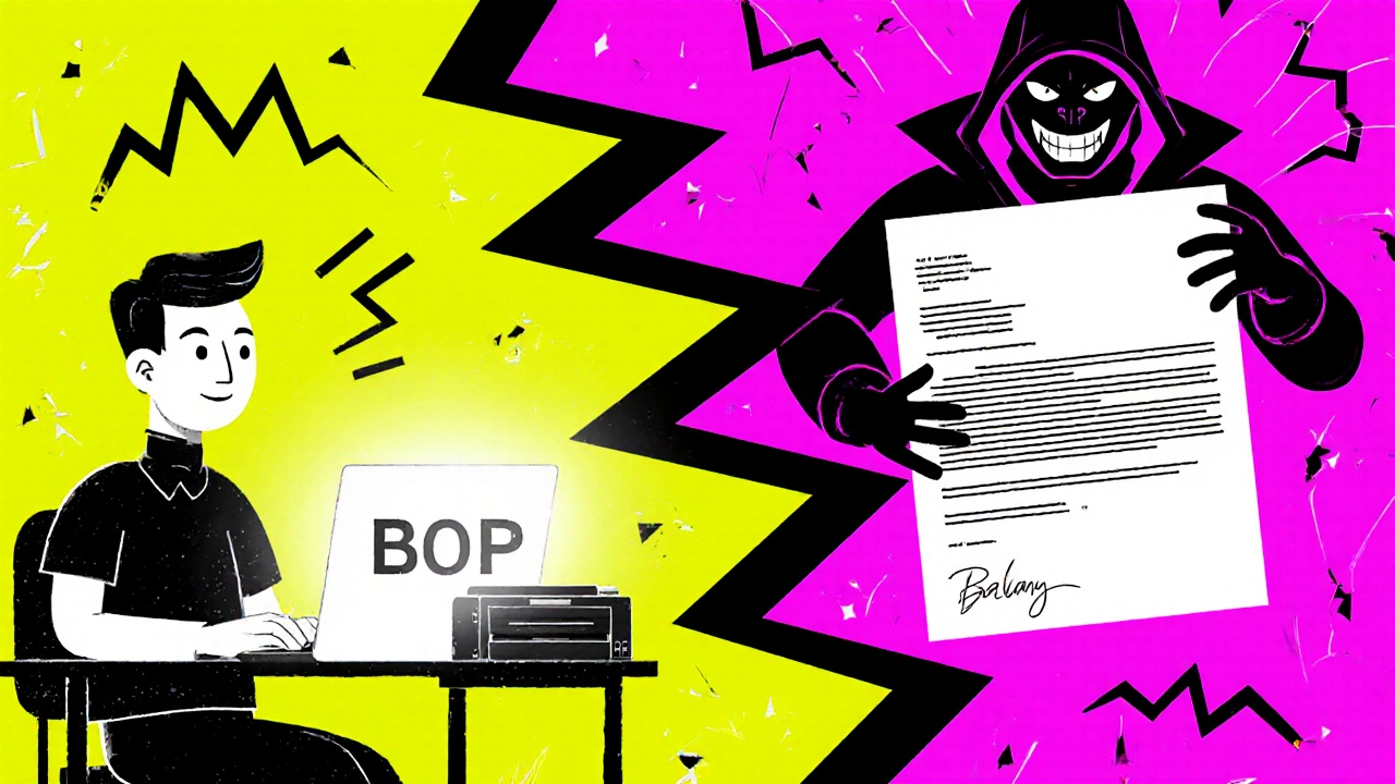 Graphic designer with safe BOP on one side, hacker and lawsuit threat on the other in bold contrasting colors.