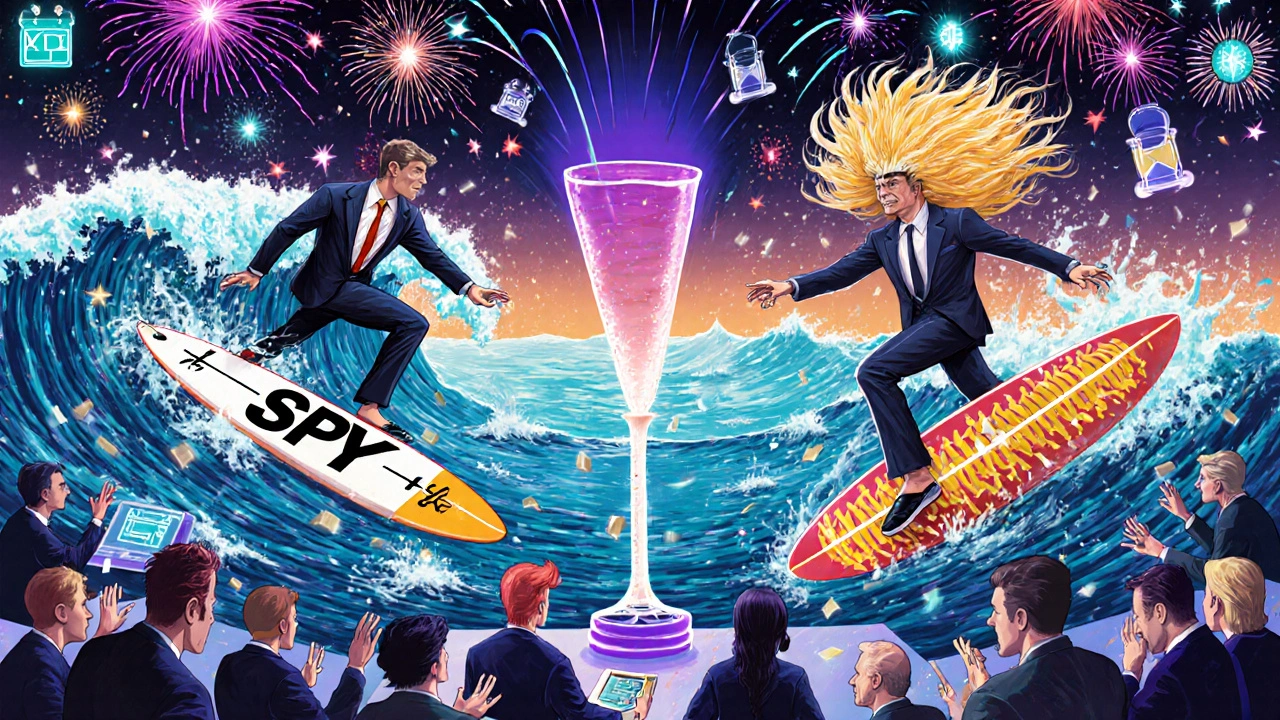 Psychedelic trading floor with traders riding momentum waves and volatility surges amid neon IV cones and earnings fireworks.