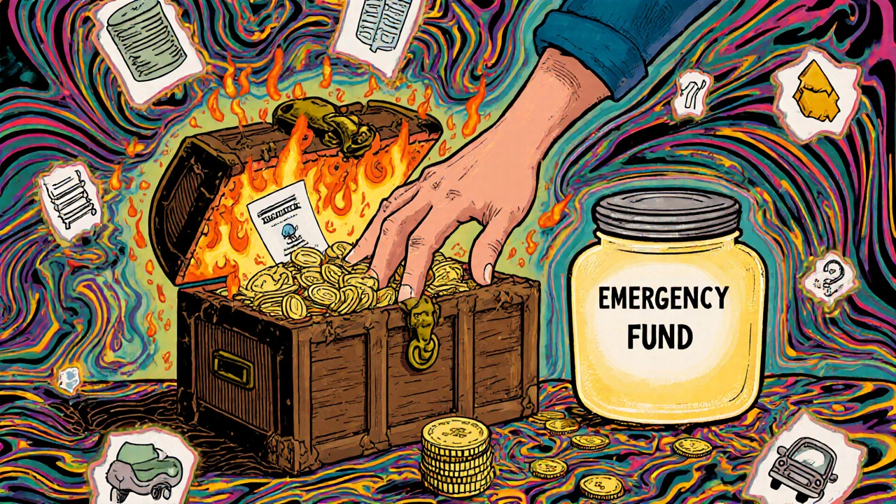 Someone pulling money from a retirement chest as tax flames burn, while a separate emergency fund glows nearby.