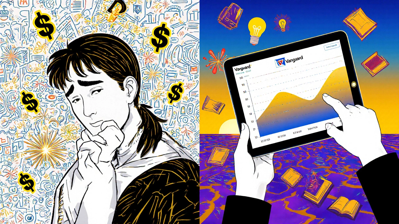 Split scene: chaotic financial charts vs. calm Vanguard app interface with a glide-path graph.