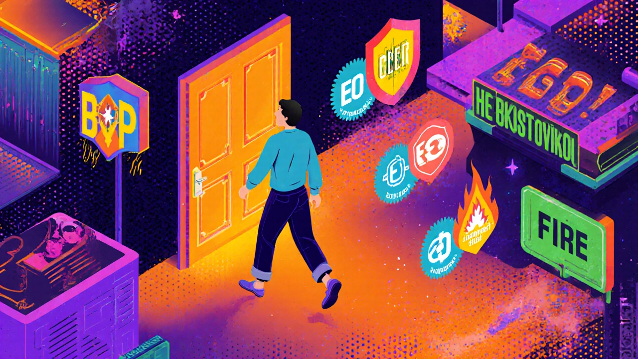 Startup founder collecting essential insurance add-ons in a vibrant, warped marketplace scene.