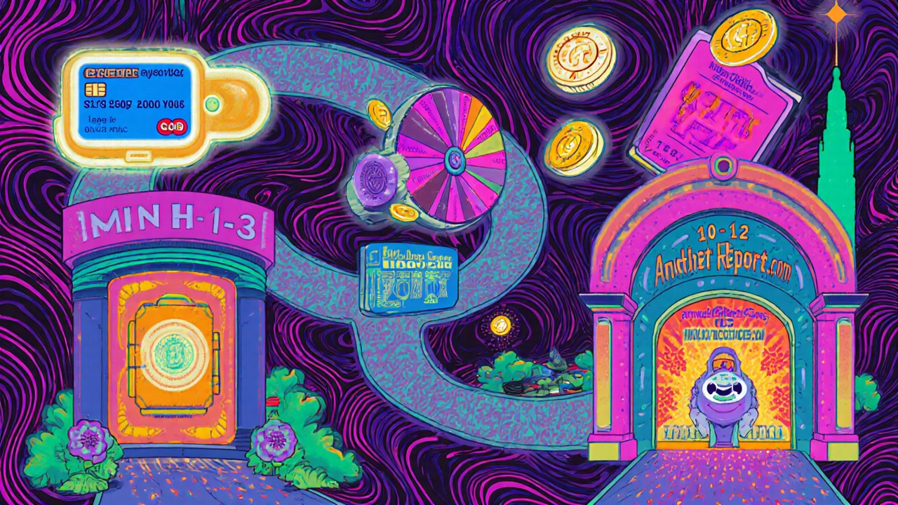 12-month credit-building journey as a surreal path with glowing financial tools in retro-futuristic cartoon style