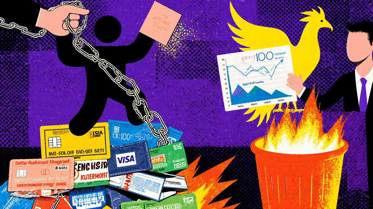 A person breaking free from credit card chains, tossing a debt settlement brochure into fire, while a counselor holds a rising phoenix-shaped budget chart.