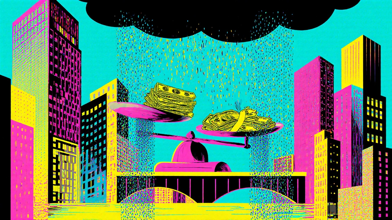 Cityscape of dividend buildings raining cash into a balancing scale, market storm above.