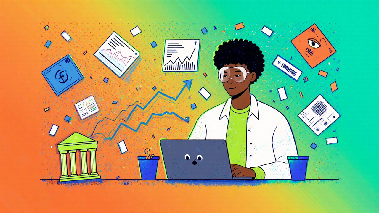 Freelancer surrounded by floating financial data and a rising credit score in neon psychedelic illustration