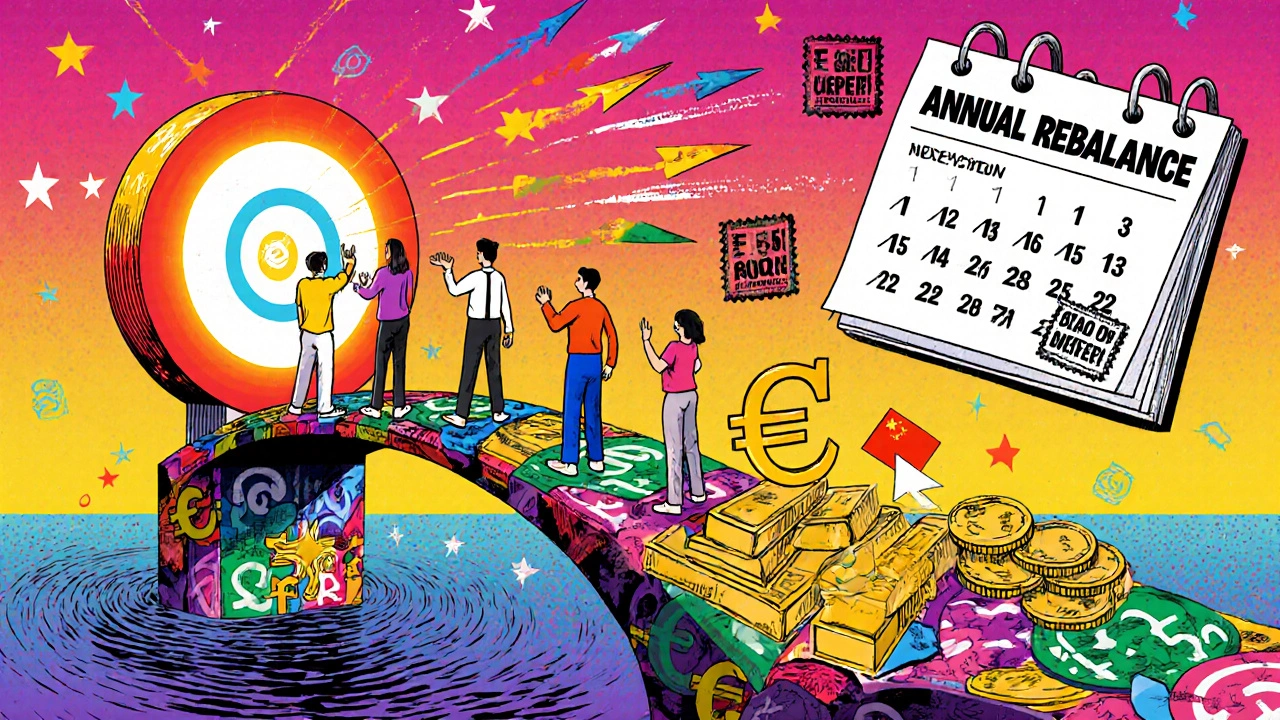 Global investors crossing a currency bridge made of gold, euros, and yuan toward a 30% allocation target.