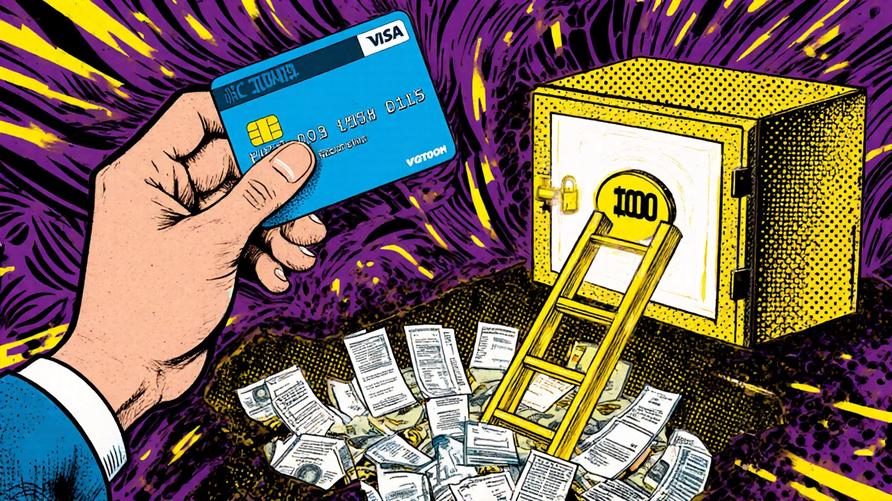 Someone escaping a financial pit with a ,000 emergency fund offering a golden ladder, surrounded by glowing dot patterns and vibrant retro colors.