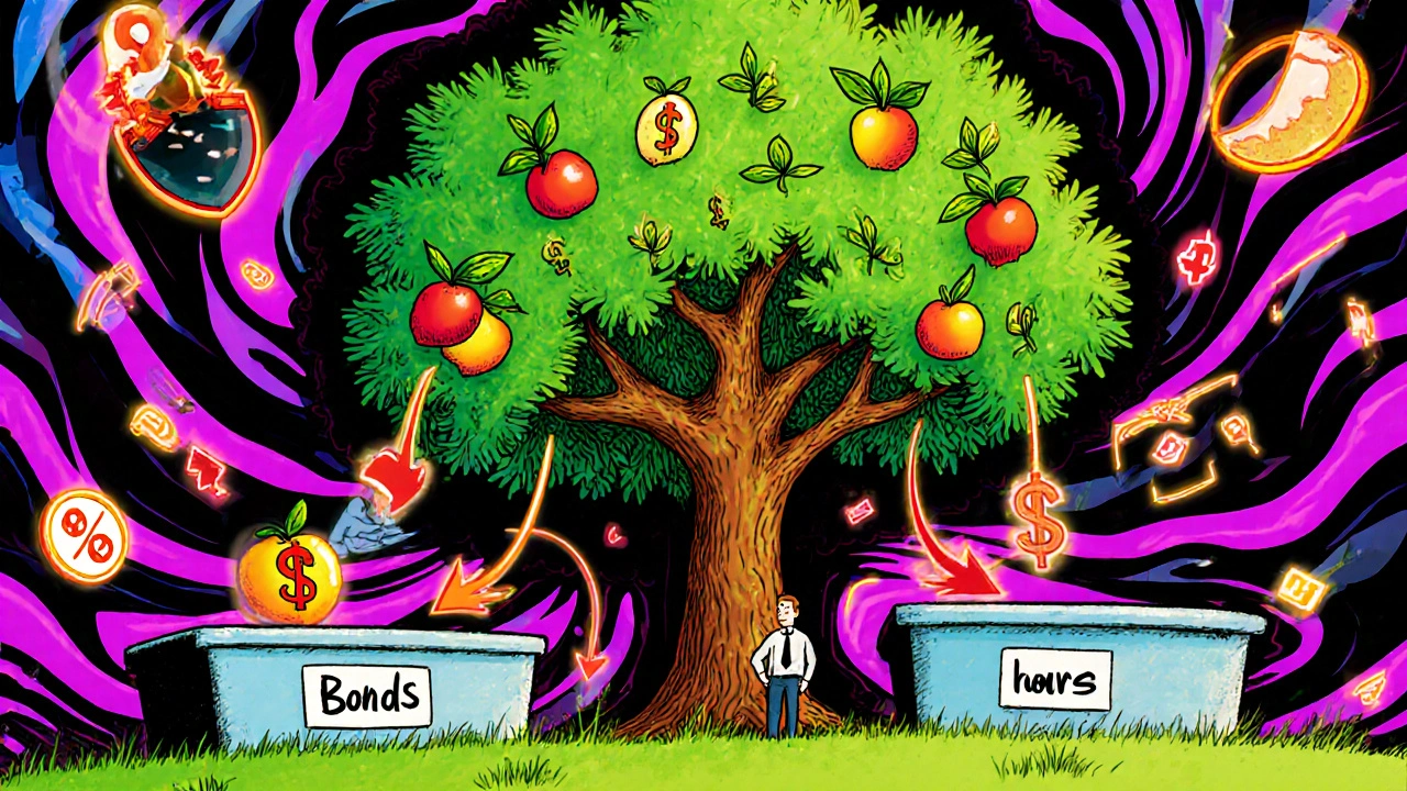 Tree with dividend leaves and bond fruits directing cash to underweight assets.