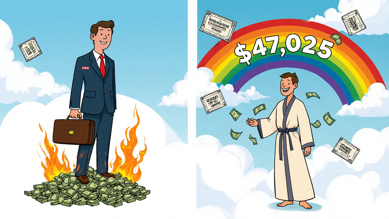 Two versions of a person: one paying high taxes, one paying low, with a rainbow 0% tax bracket above