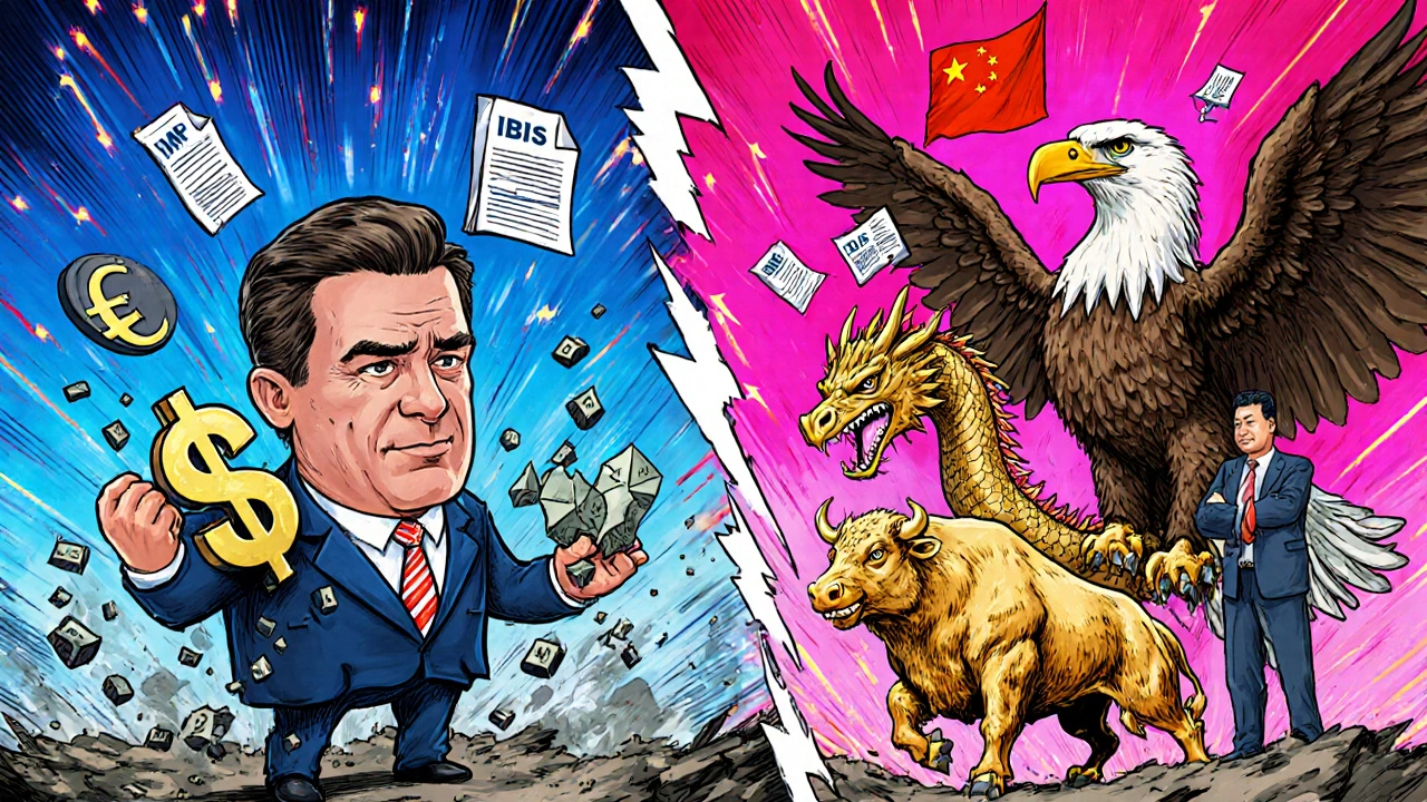 US dollar weakening beside a strong euro eagle and gold bull, with financial reports as arrows in the background.