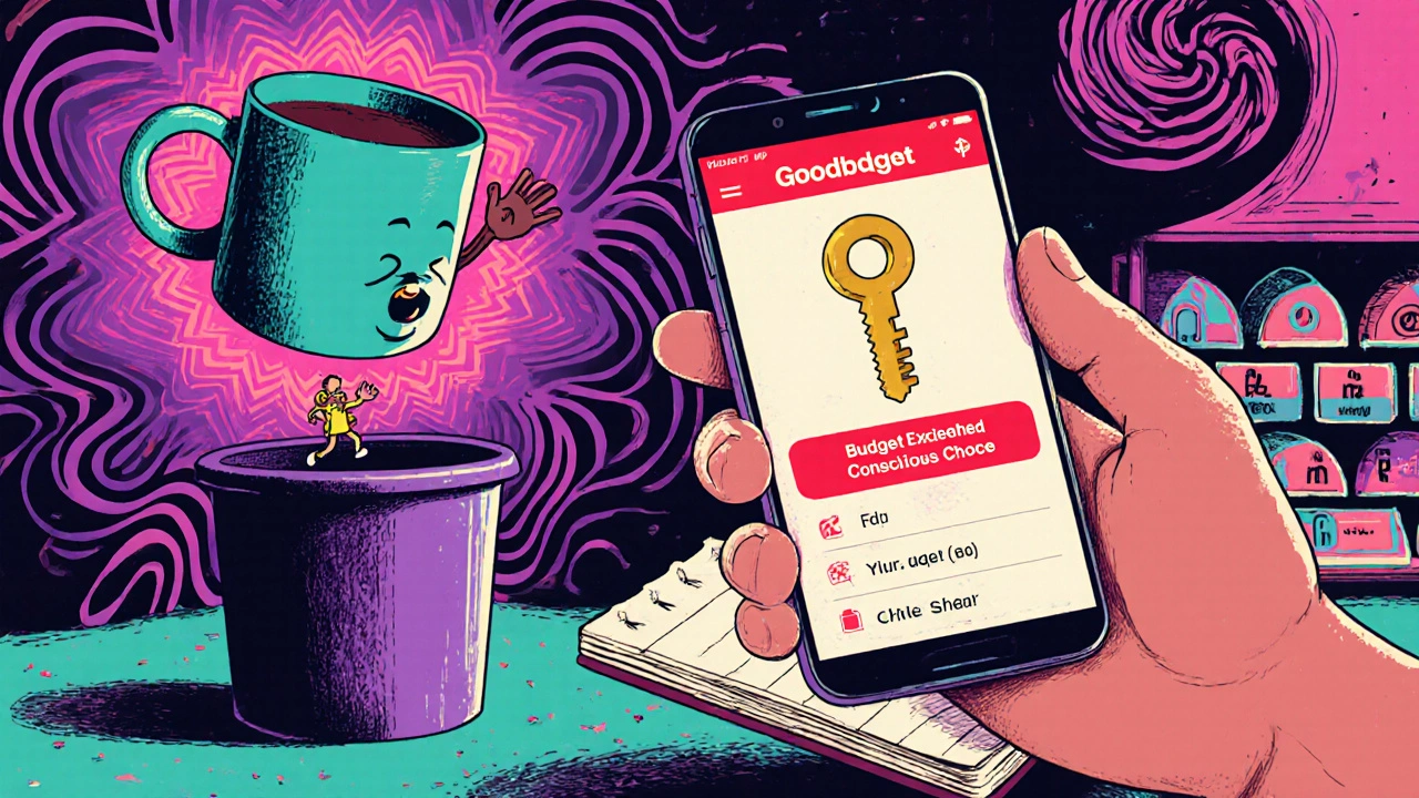 A coffee cup floating away as a phone displays a budget alert turning into a golden key, surrounded by swirling budget categories.