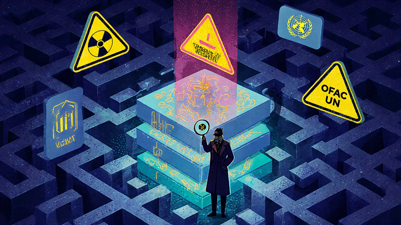 A detective traces complex corporate ownership layers under glowing sanctions alerts.