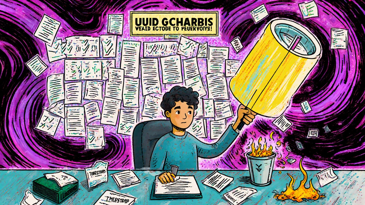 A developer using a UUID generator to stop payment errors, while failed methods burn in the trash.