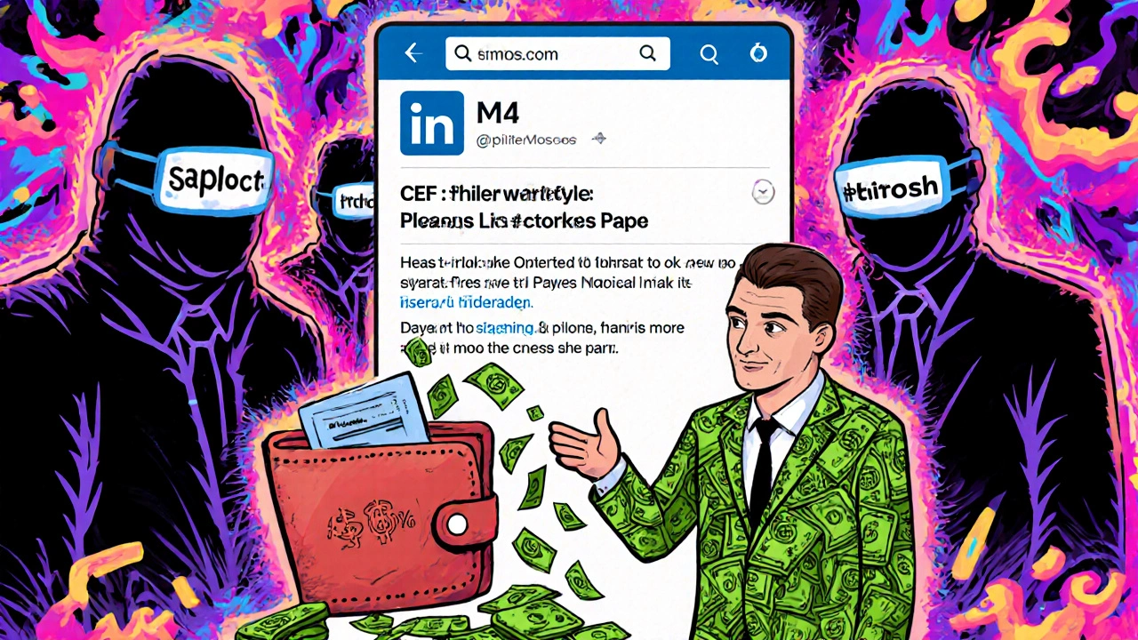 A fake job post with a money-suit CEO and phishing figures lurking behind, in vibrant psychedelic style.
