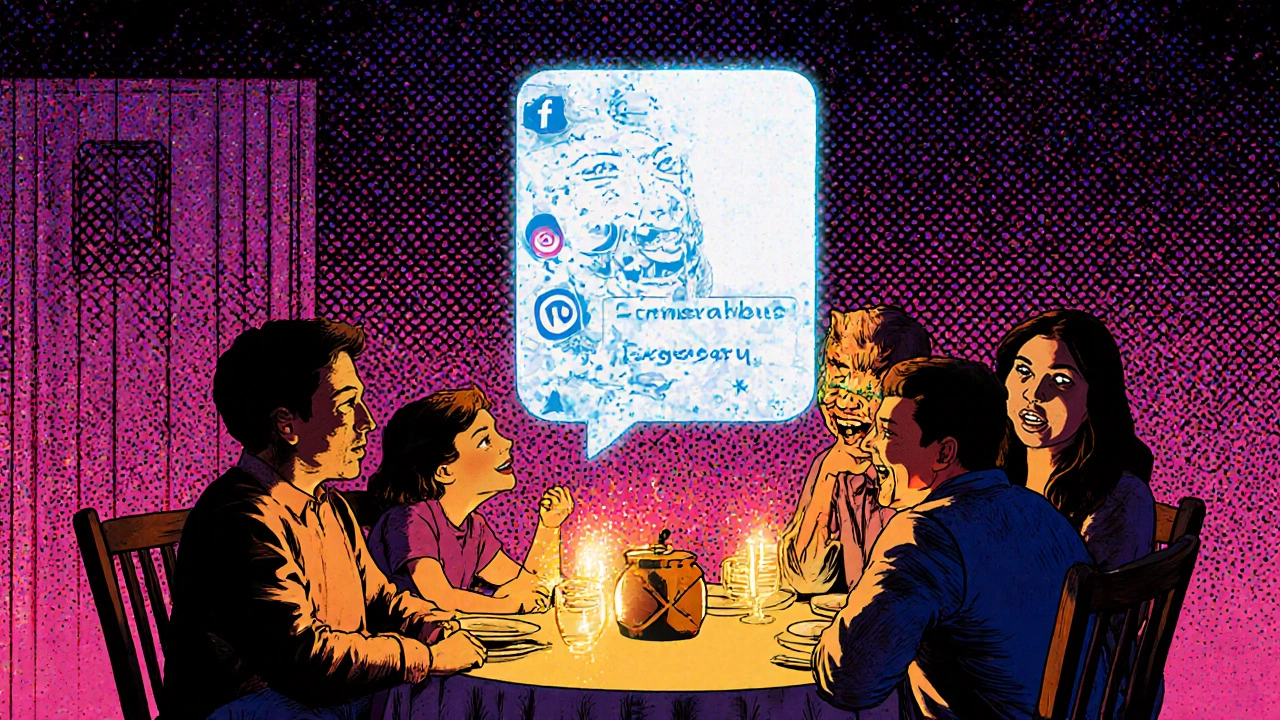 A family laughing at dinner, blocking a glitching scammer hologram with a secret safe word.