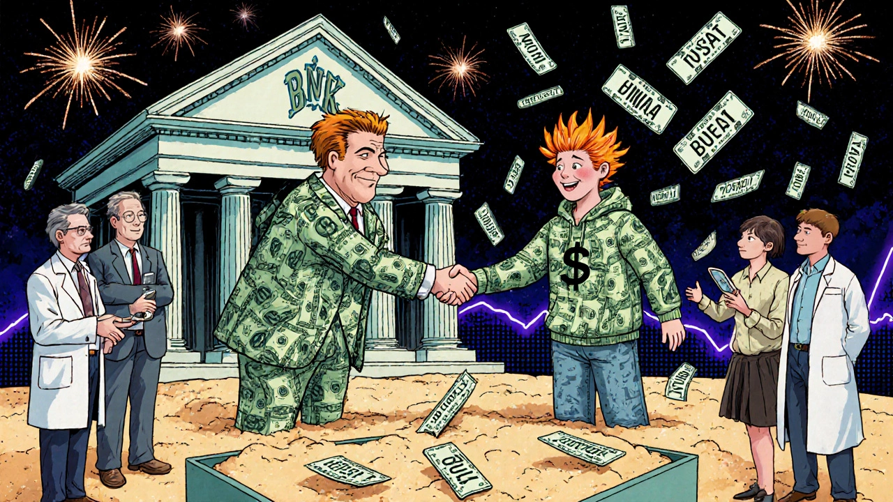 A giant bank shakes hands with a fintech startup while regulators watch from a sandbox, surrounded by investors and consumers using apps.