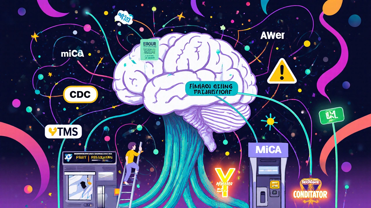 A living financial brain with nodes for CBDCs and embedded finance, a founder climbing toward profitability amid regulatory warning signs.