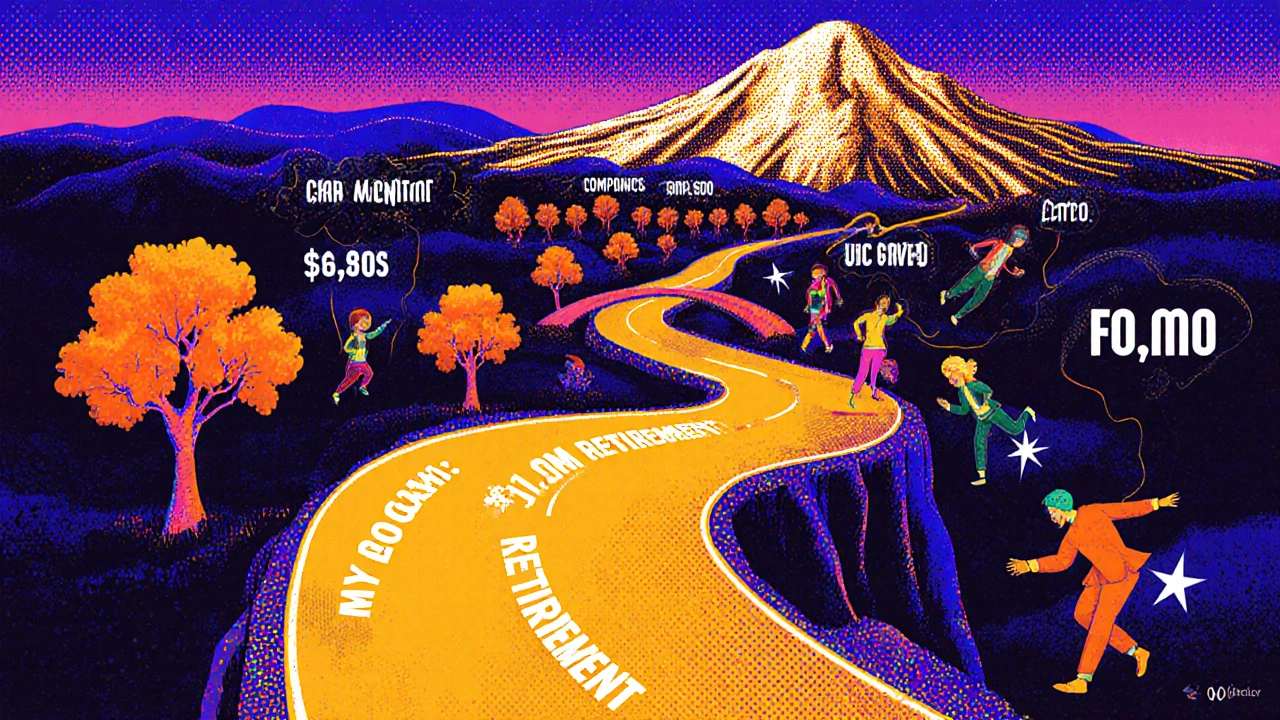 A personal financial road glowing gold leads past falling figures chasing a crumbling market mountain.