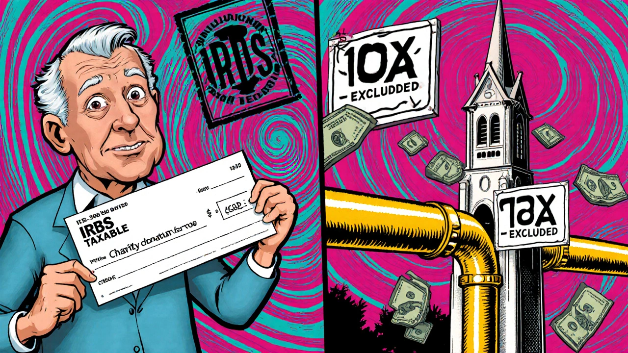 A retiree compares a taxable donation with a direct QCD transfer to a church, illustrated in vibrant Op Art style.