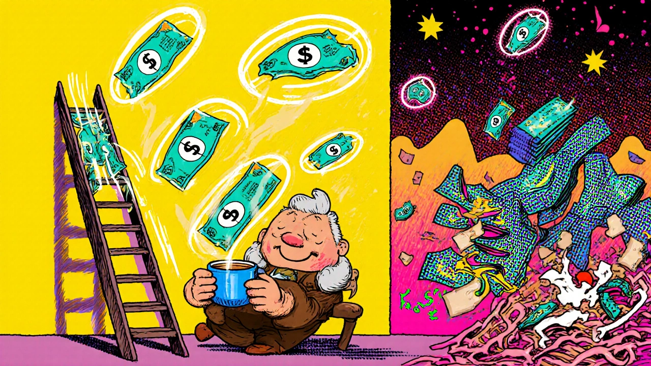 A retiree receives annual bond checks floating from a ladder, while bond fund prices crash below in chaotic lines.