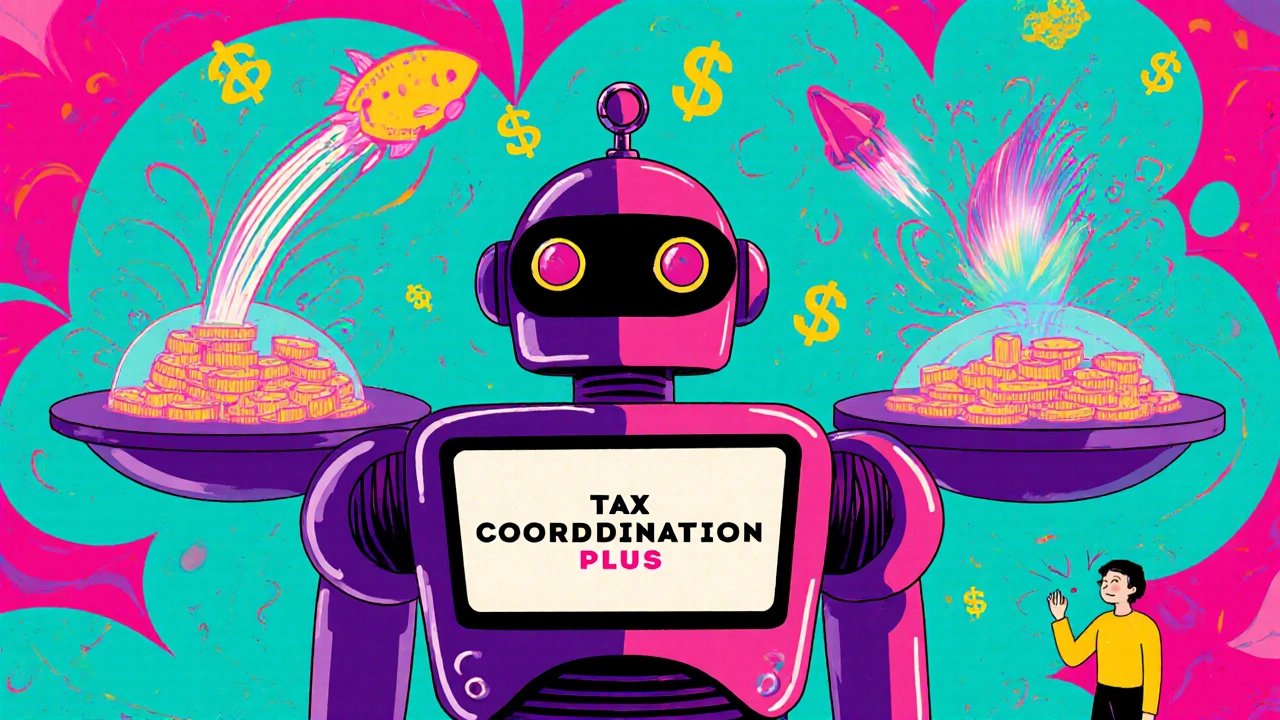 A robot automating asset placement across taxable, IRA, and 401(k) accounts with glowing streams of money.